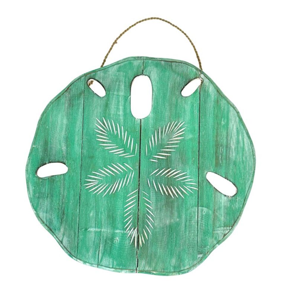 Aqua Wood Sand Dollar Wall Sculpture Coastal Distressed 15.5 Inch Hanging Decor
